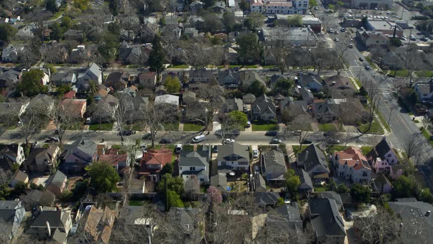 Overhead drone shot of suburban neighborhood