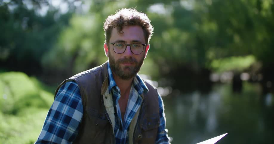 A man is posing by the river