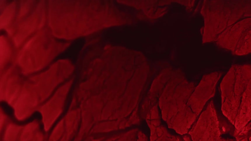 Liquid moves through the dark cracks of a red broken surface and pieces spread apart