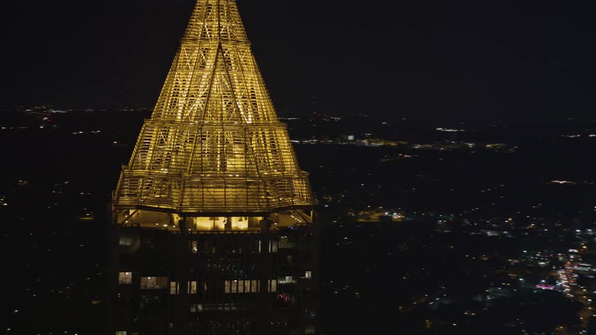Aerial footage of Bank of America Plaza Midtown Atlanta at night