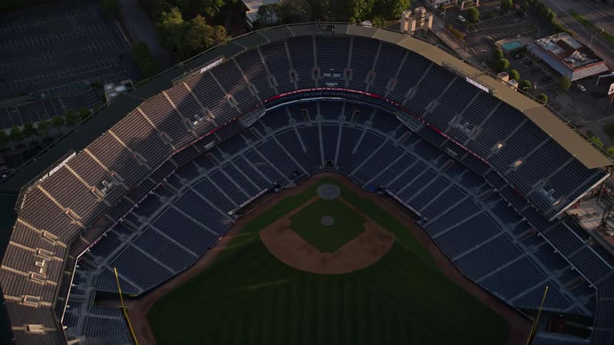 Aerial footage of Turner Field home of the Atlanta Braves taken at sunset with a birds eye view