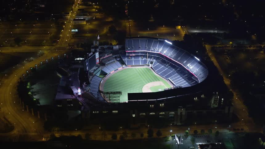 Approaching Turner Field from above this aerial footage captures a breathtaking birds eye view of the stadium and surrounding Atlanta skyline at night