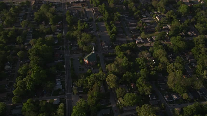 A beautiful aerial view of Lindsay Street Baptist Church in West Atlanta during sunset