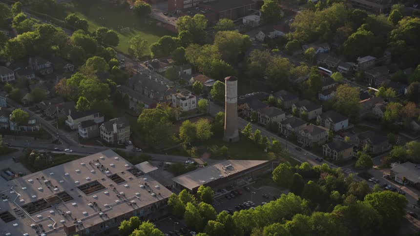 A breathtaking aerial view of Old Water Tower Park surrounding residential neighborhoods and iconic structure in East Atlanta