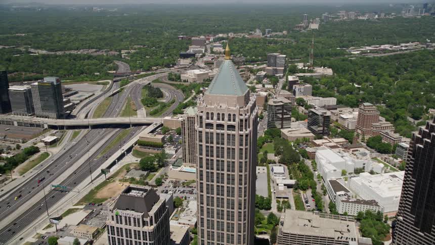 An aerial view of One Atlantic Center skyscraper in Midtown Atlanta Georgia on a sunny day
