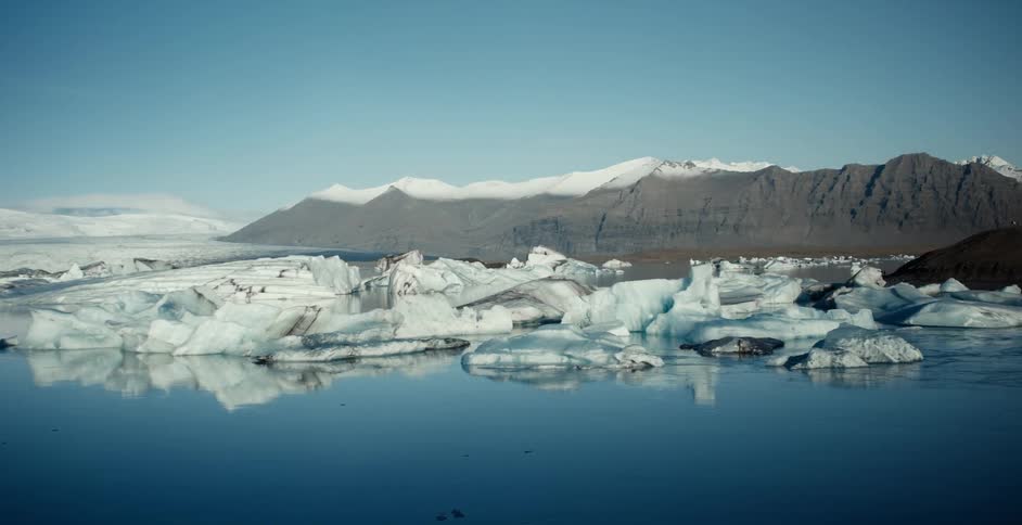 A landscape in an arctic area is displayed in winter