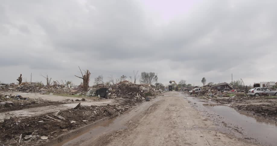 A destroyed neighborhood on a cloudy day