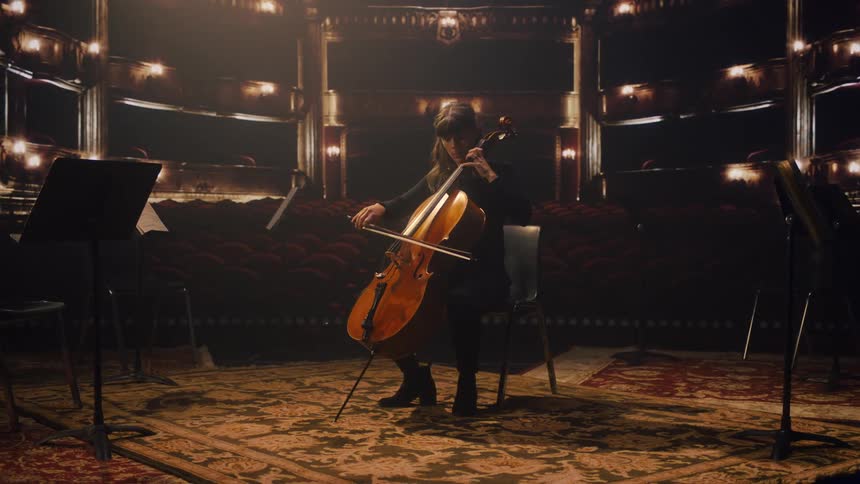 Cellist sits in orchestra pit in empty theater playing a cello