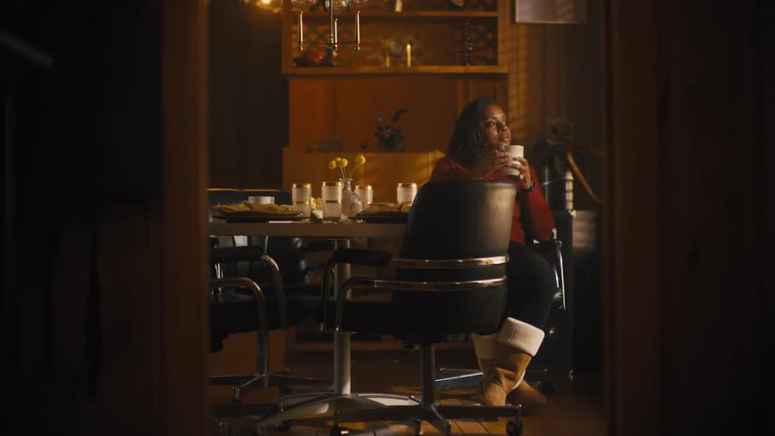 A woman is sitting down and drinking some coffee