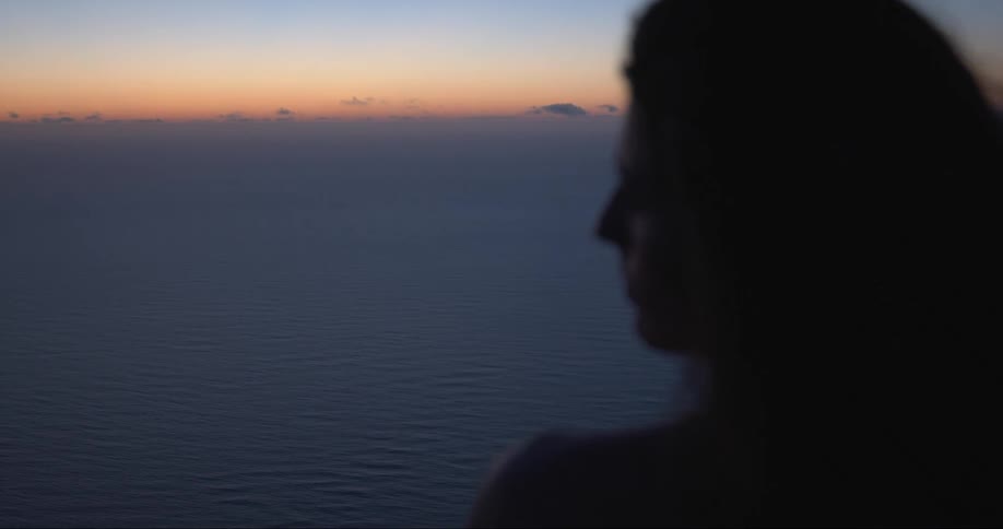 A woman is looking out at the ocean as the sun is low in the sky