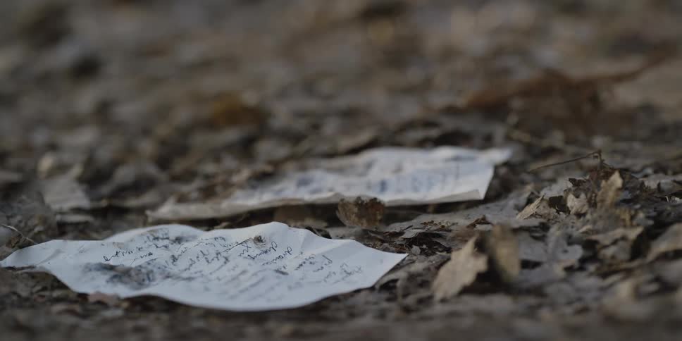 Two sheets of paper with handwriting are on the ground moving in the breeze