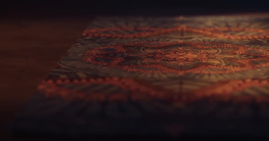 Light shines on a rug on a hardwood floor with decorative patterns in orange and gray