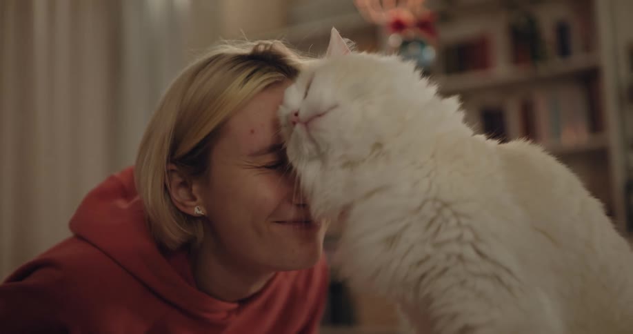 Happy blonde woman with bob hair orange sweater and earrings strokes white cat
