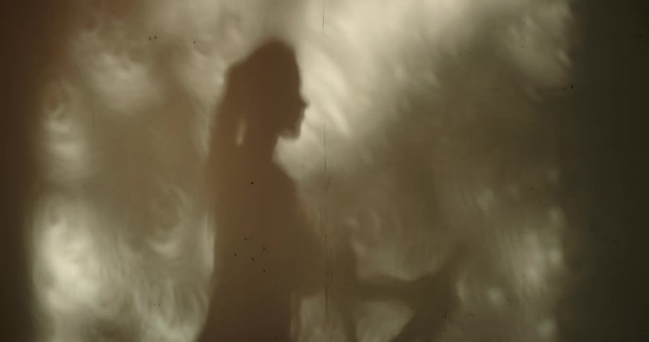 Womans shadow is reflected on wall using cross trainer at gym