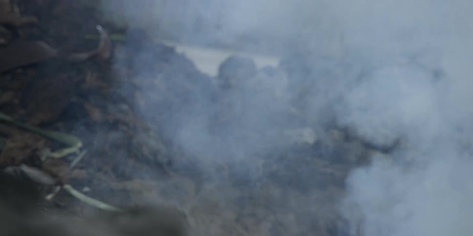 Pieces of fuel being thrown into a fire spewing thick clouds of smoke outdoors