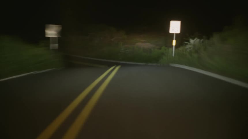 The road whips by quickly around curves