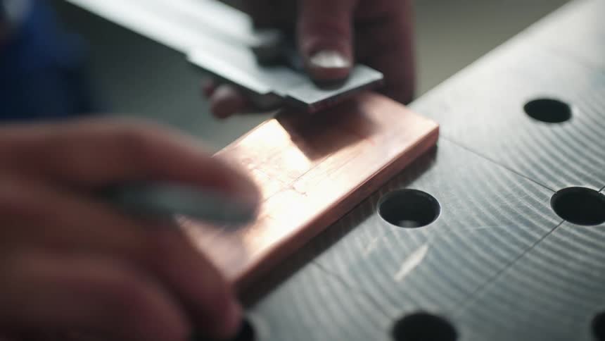Man uses a tool to mark measurements on a piece of metal
