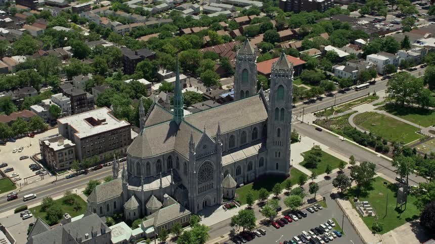 An aerial view of the Cathedral Basilica of the Sacred Heart in Newark New Jersey captured during a sunny day in summer