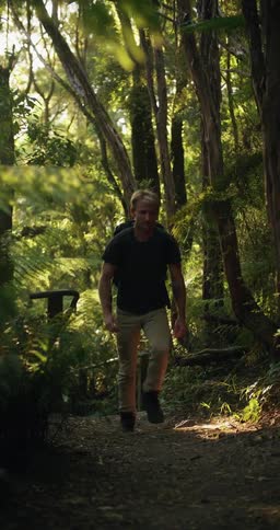Blonde man wearing dark blue shirt and brown pants walks in the woods