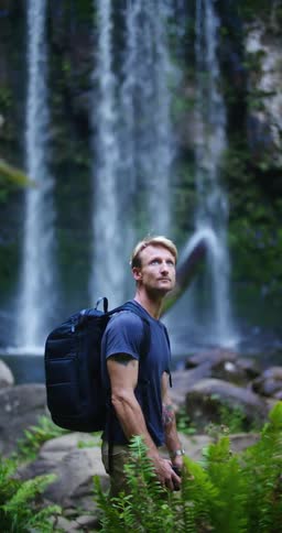 Blonde man with dark blue t shirtbackpack and brown pants looks around near the waterfall in the forest