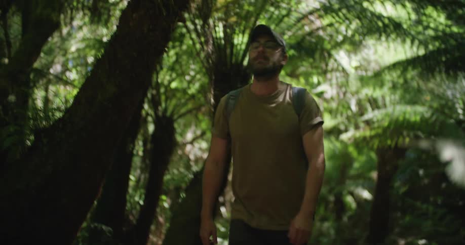 A man walking outdoors in a forest