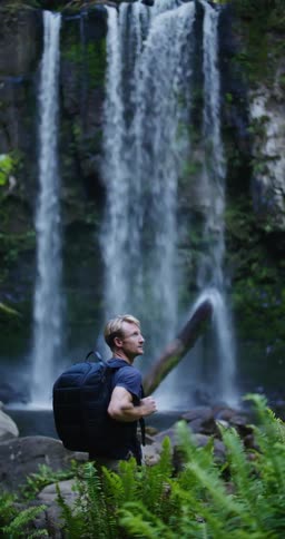 A man wearing a backpack is standing near a waterfall looking around and he walks away