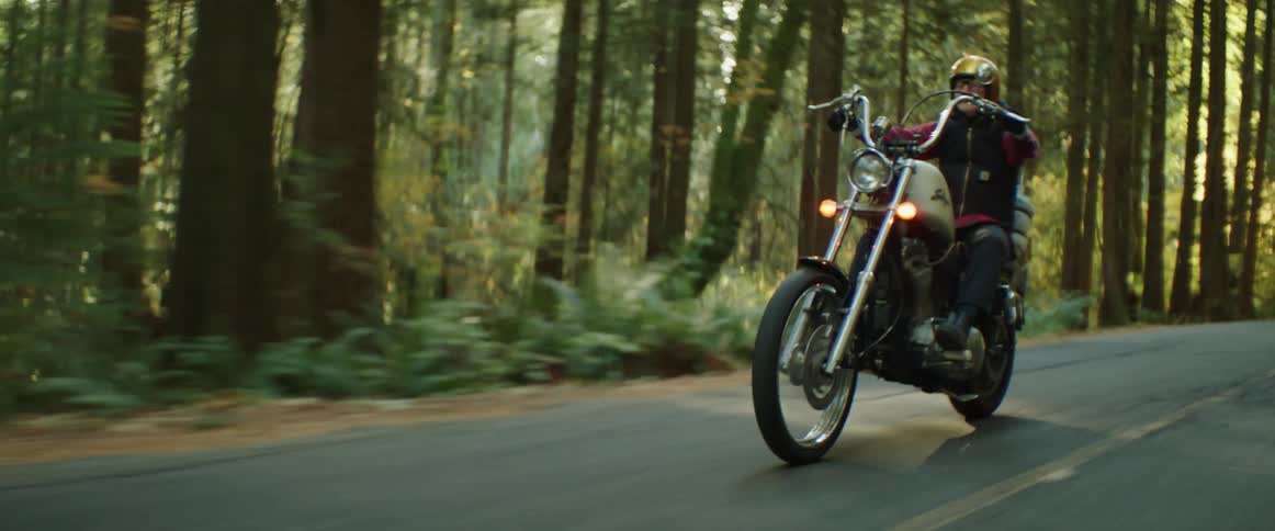 Woman in black vest red shirt and pants rides motorcycle on highway in the forest