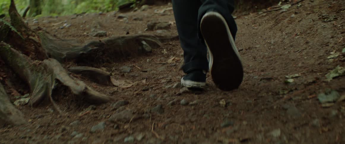 Person with jeans and black shoes hikes in the green forest with feet shown