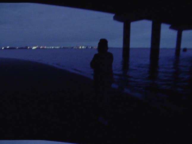 A silhouetted person walking beneath a pier on a beach at night
