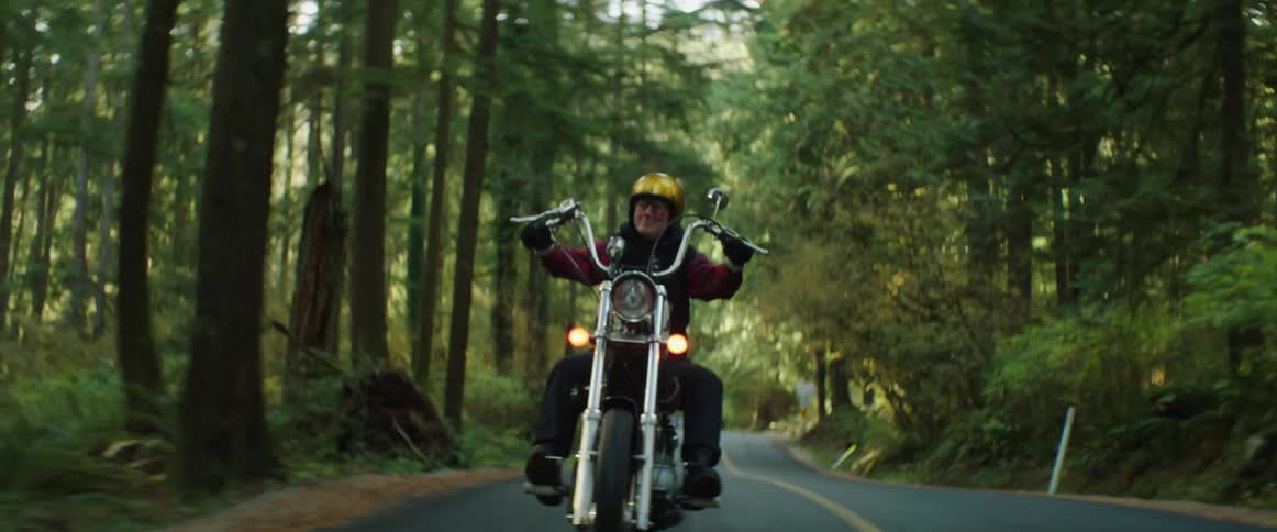 A smiling motorcyclist rides a motorcycle along a road through a forest during the day