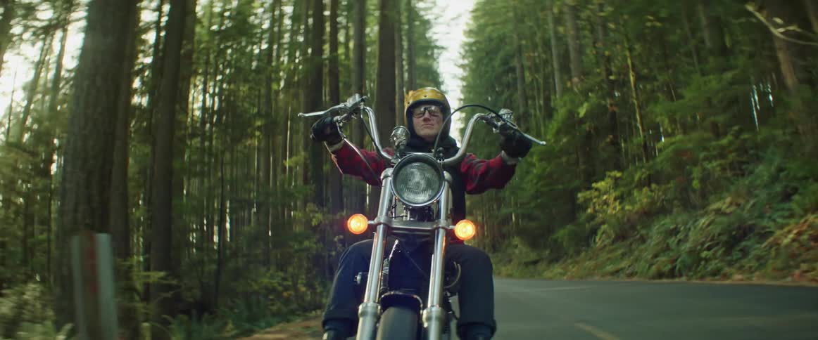 A woman is riding a motorcycle on a road through the woods as the sun shines through the trees