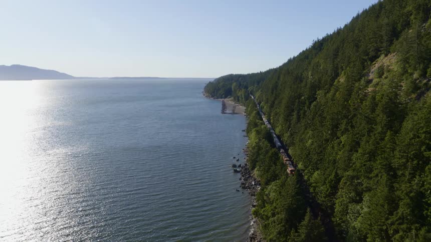 A general manifest freight train travels along a beautiful coastline