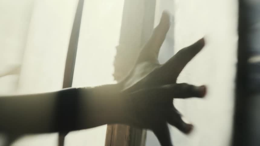 A persons fingers and hand stretched and on a window