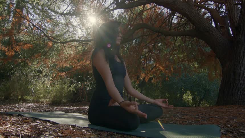 A woman sitting with her legs crossed hands on her knees on a yoga mat outodoors under a tree