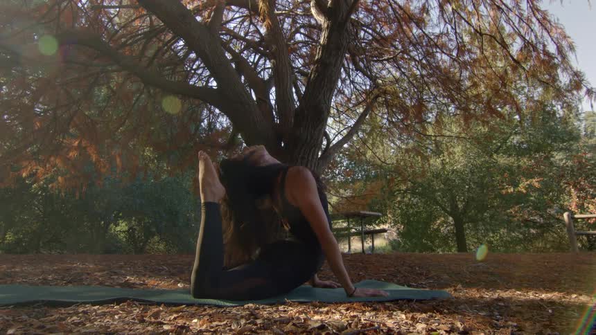 Woma doing yoga in front of a tree thats losing its leaves