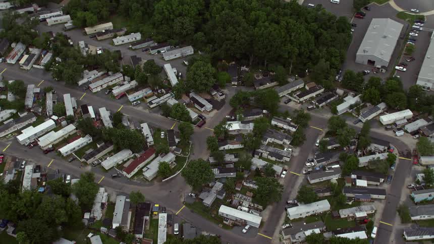 An aerial view of a trailer park neighborhood in Manassas Virginia on a partly cloudy day