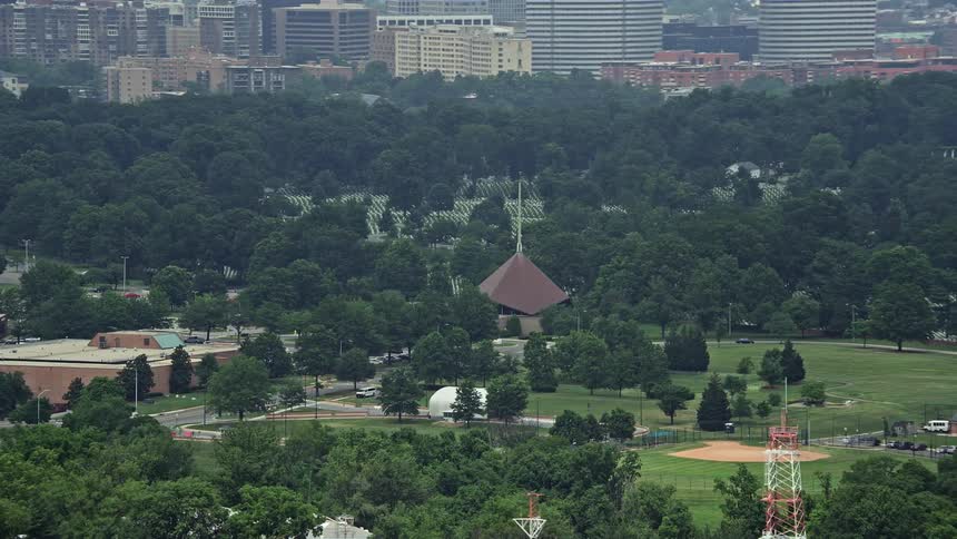 An aerial view of graves and monuments at the historic and famous Arlington National Cemetery in Washington DC