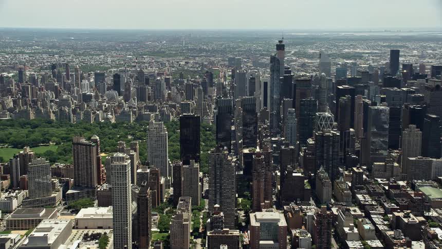 An aerial view of Midtown Manhattan skyscrapers during the day seen from Hells Kitchen in New York City