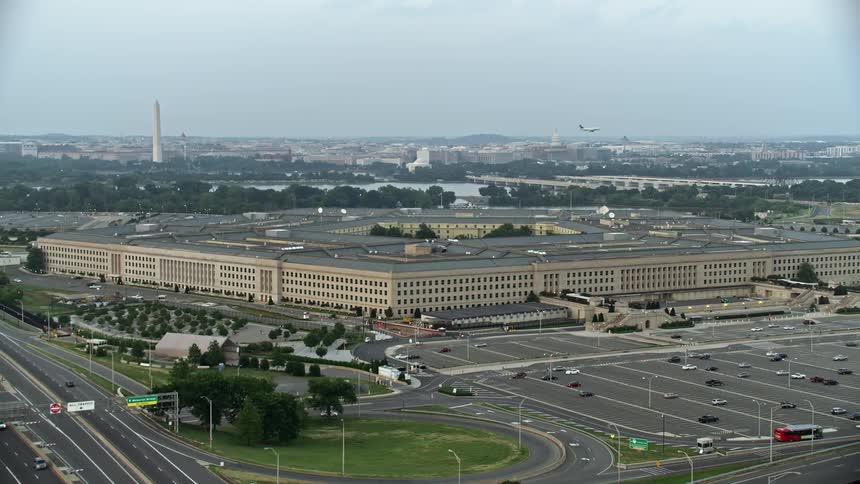 Approaching The Pentagon during twilight this historical aerial footage showcases the iconic landmark of the United States Department of Defense