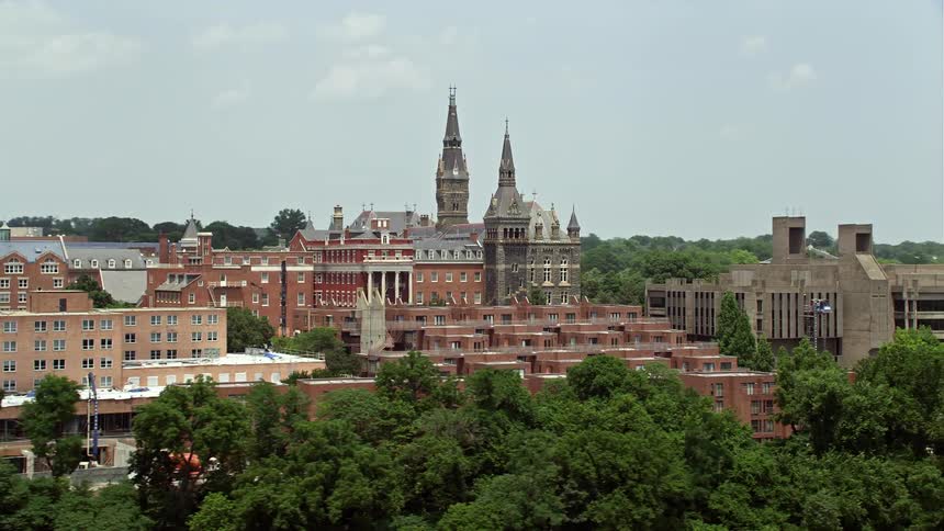 An aerial view of Georgetown Universitys campus on a sunny day in Washington DC