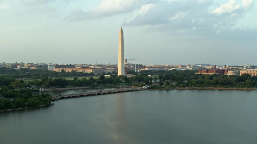 Aerial footage showcasing the historic landmark of Washington Monument at sunset overlooking Tidal Basin in Washington DC