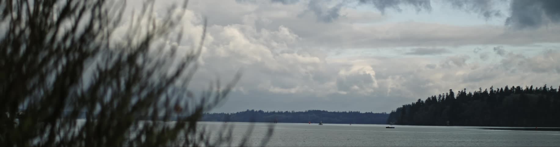 Small boats sail in the lake surrounded by forests under a cloudy sky