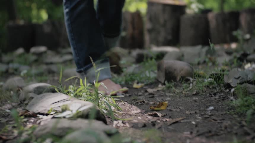 A person walks across a dirt path