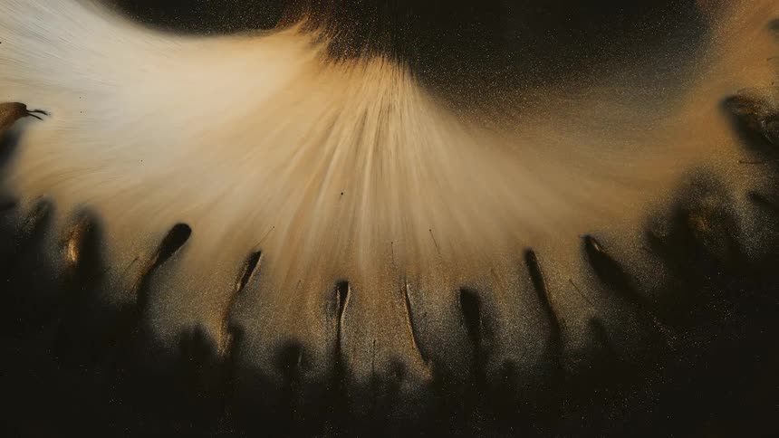 Yellow and white particles expand through dark surrounding mixture creating a striated streaked pattern