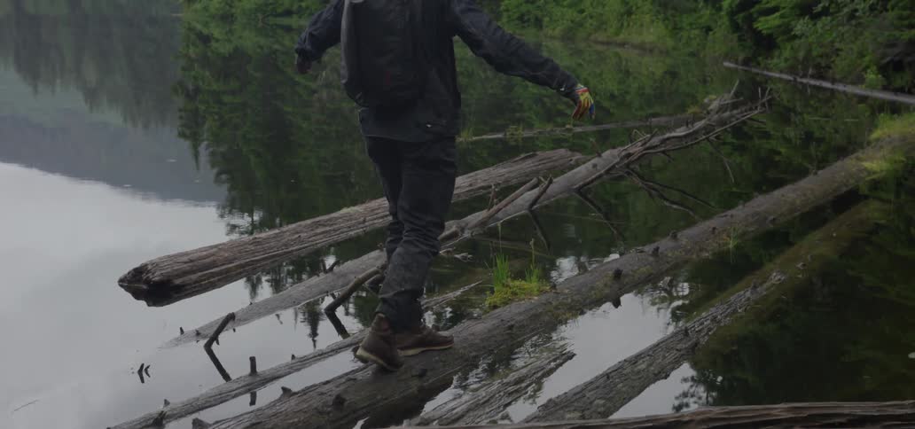 Man balances on a fallen tree in a lake