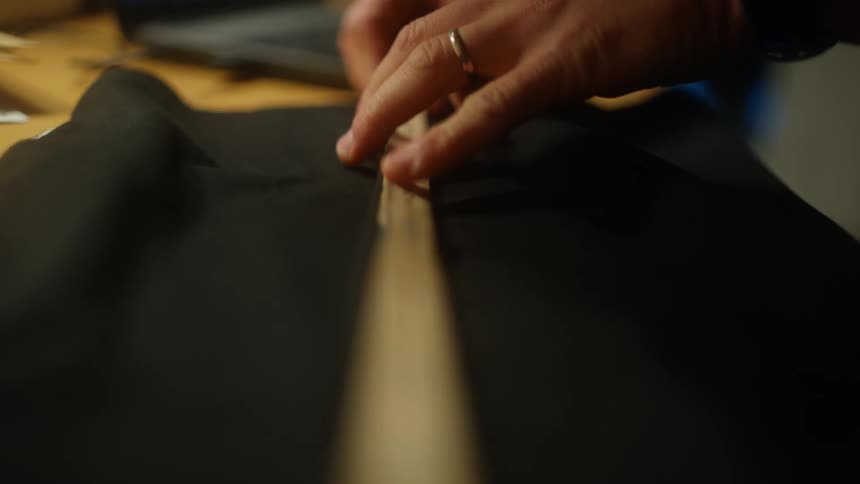 Tailor measures black shirt at tailors store
