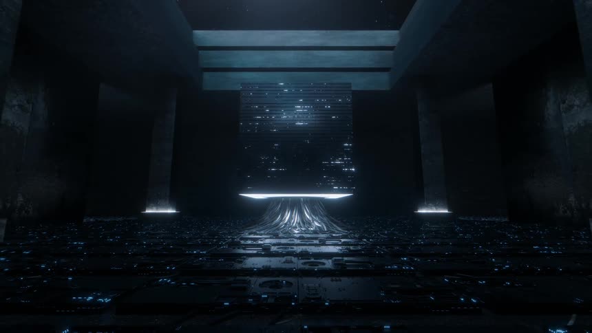 A huge data cube flashes abstract data inside a high tech indoor environment