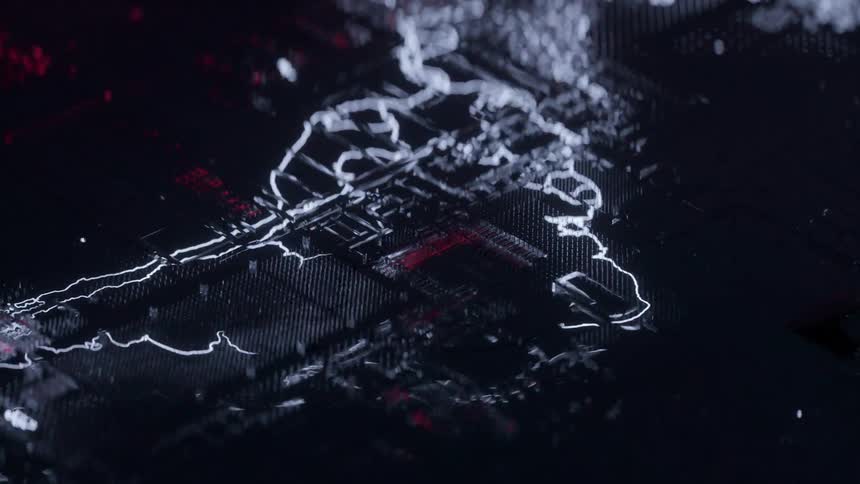 A digital data map of South America is flashing and glitching in the style of electronic components