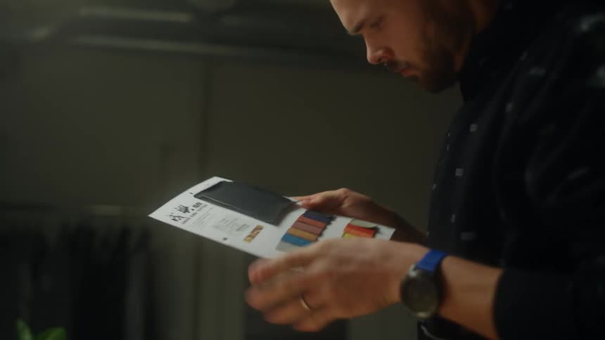 Male designer stands in workshop examining fabric swatches