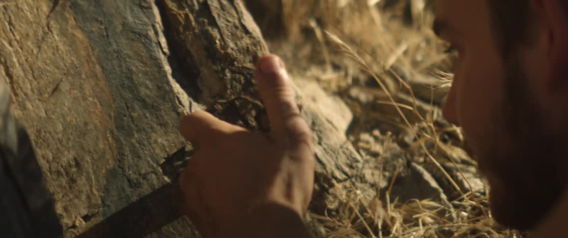 A man looking closely at a tarantula climbing over a rock